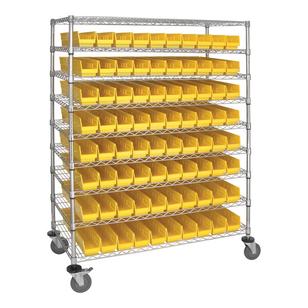 Quantum 48" x 24" x 69" Carbon Steel Mobile Medical Cart with 9 Wire Shelves and (80) 23 5/8" x 4 1/8" x 4" Yellow Bins WRC9-63-2448-105YL