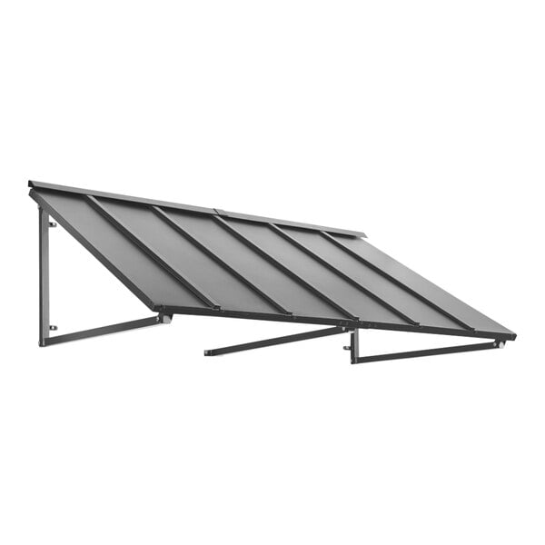 An Awntech pewter metal standing seam awning over a white background.
