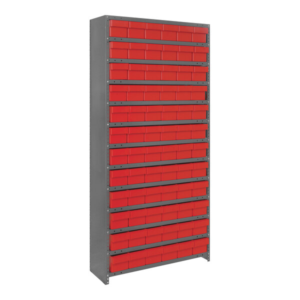 A Quantum steel shelving system with red bins on several drawers.