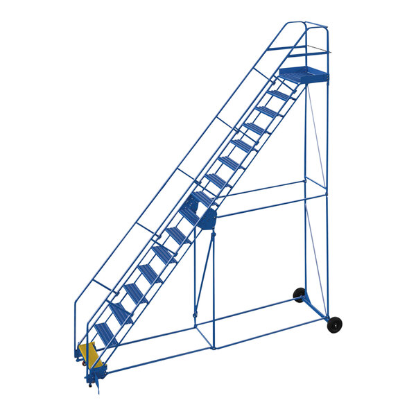 A blue Vestil steel rolling warehouse ladder with wheels.