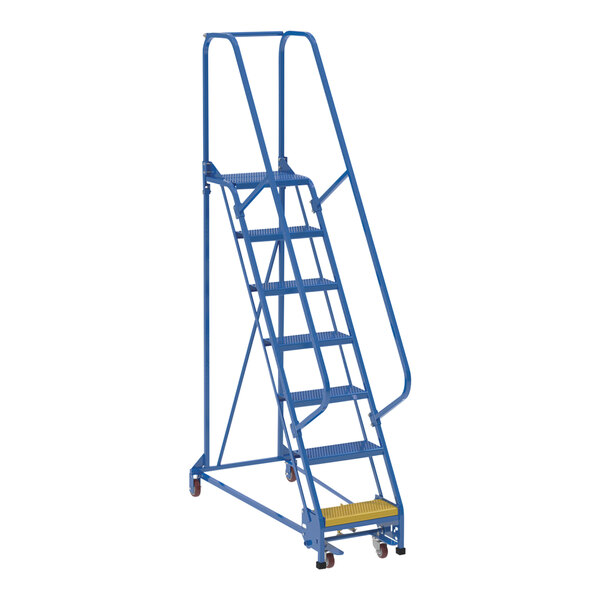 A blue steel Vestil 7-step ladder with wheels.
