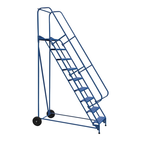 A blue Vestil steel ladder with wheels on a cart.