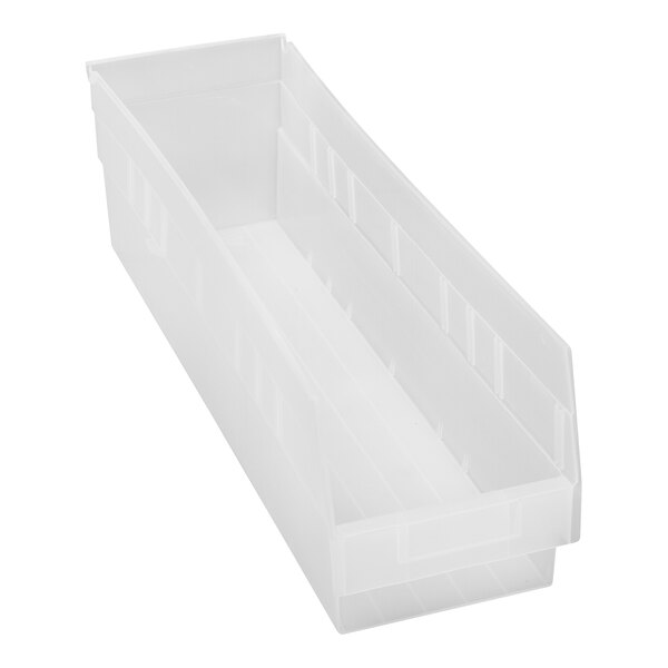 A clear plastic bin with a handle.