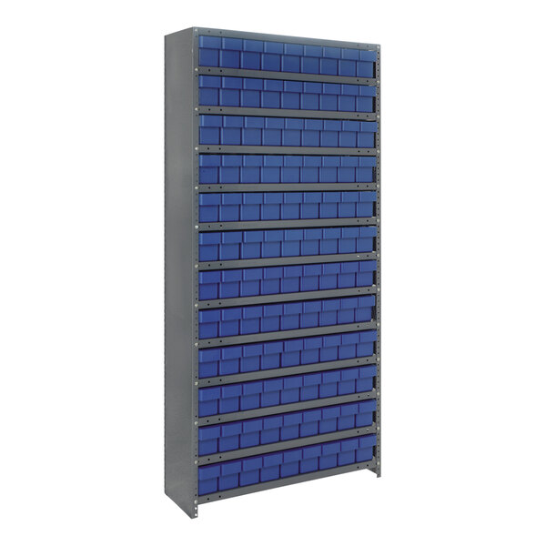 A Quantum steel shelving unit with blue bins on each shelf.