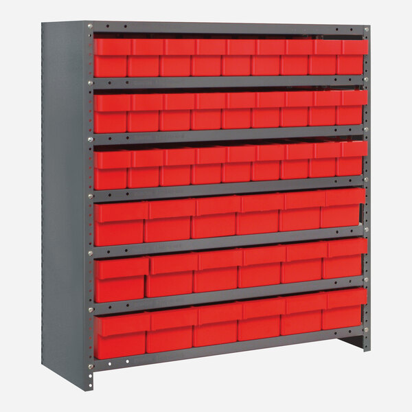 A Quantum steel shelving unit with red bins on it.