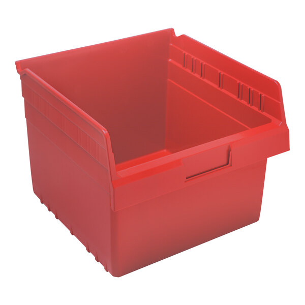 A red plastic Quantum shelf bin with a white background.