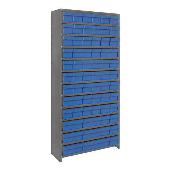 A Quantum Super Tuff steel shelving system with blue bins on a gray shelf.