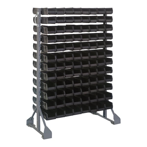 A Quantum steel rack with black bins attached.