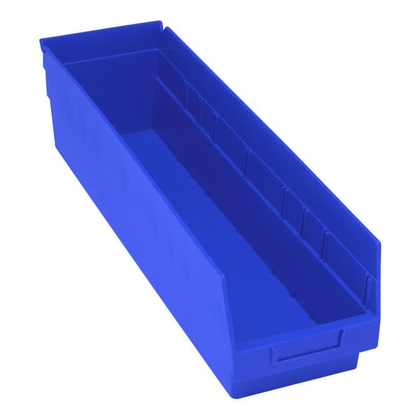 A blue plastic Quantum shelf bin with a blue handle.