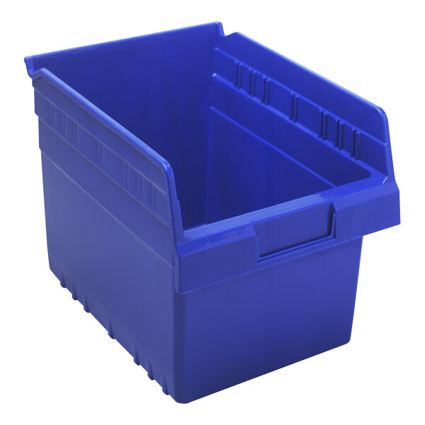 A blue Quantum shelf bin.