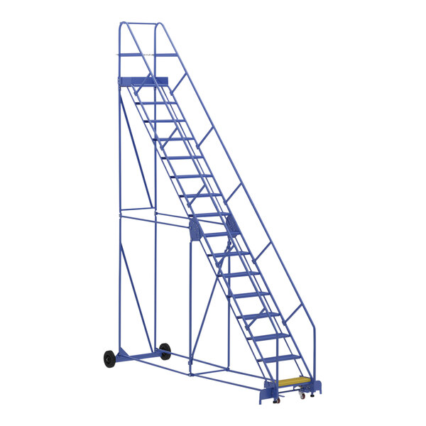 A blue steel Vestil rolling warehouse ladder.