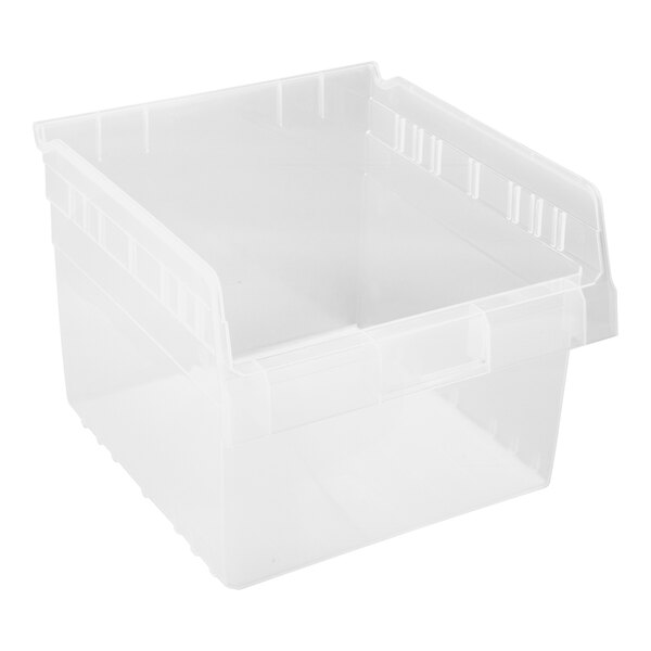 A clear plastic Quantum storage bin with a lid.
