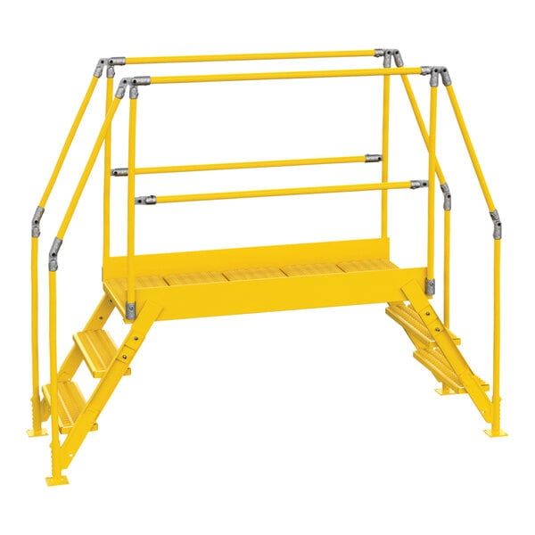 A yellow metal Vestil Crossover Ladder with silver metal bars.