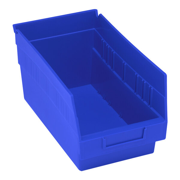A close-up of a blue Quantum shelf bin with a lid.