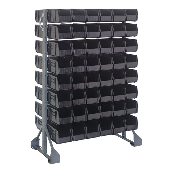 A Quantum gray steel double-sided rack with black bins on it.