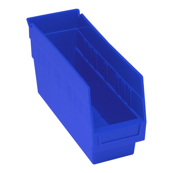 A blue Quantum shelf bin with two compartments.