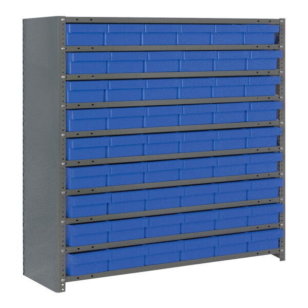 A grey Quantum steel shelving unit with blue bins on the shelves.