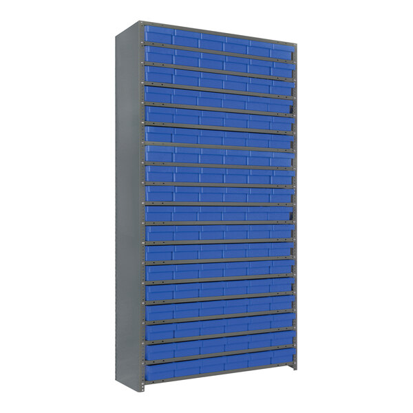 A large grey metal shelving unit with blue drawers.