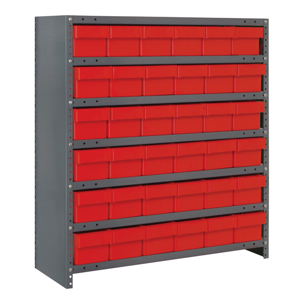 A Quantum steel shelving system with red bins on a metal shelf.