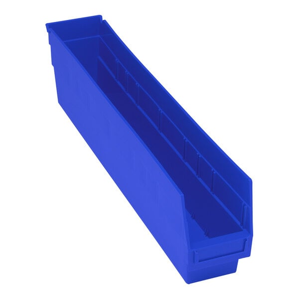 A blue plastic Quantum shelf bin with a white background.
