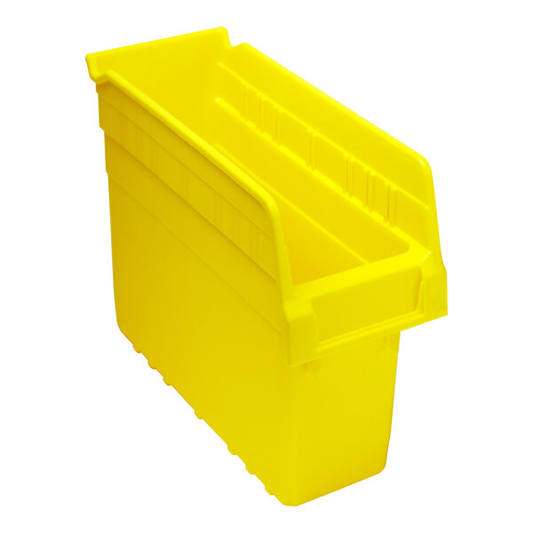 A yellow Quantum STORE-MAX shelf bin with two compartments.