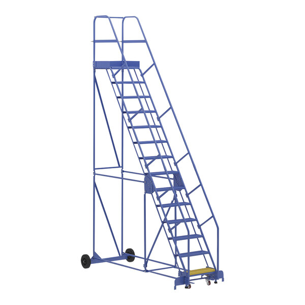 A blue steel Vestil rolling warehouse ladder with wheels.