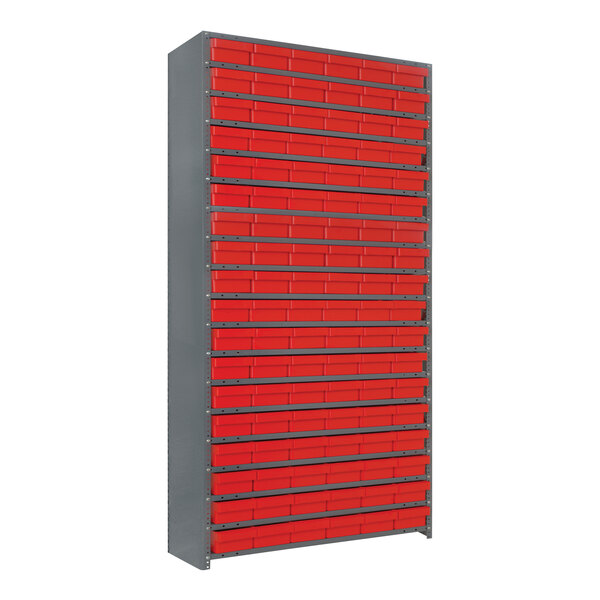 A Quantum steel shelving unit with red drawers.