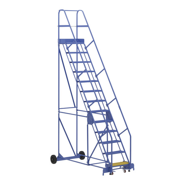 A blue Vestil steel ladder on wheels.