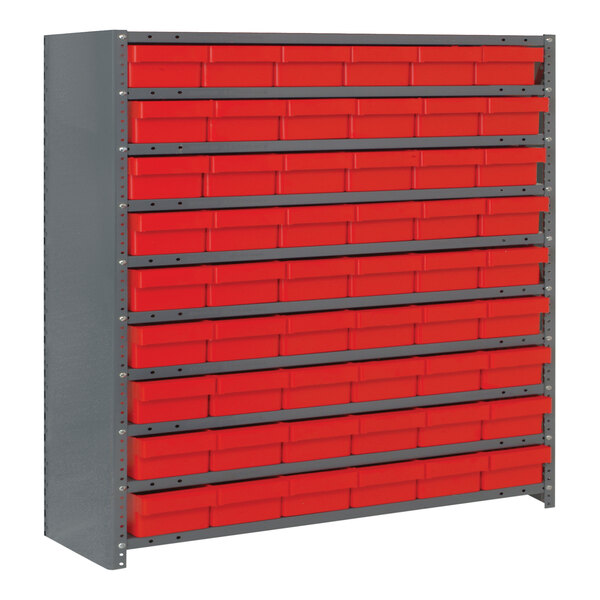 A Quantum steel shelving system with red bins on the shelves.