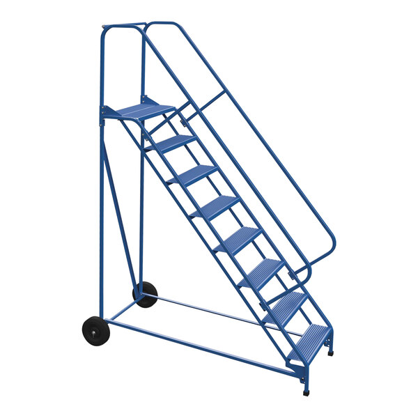 A blue metal Vestil roll-a-fold ladder with black wheels.