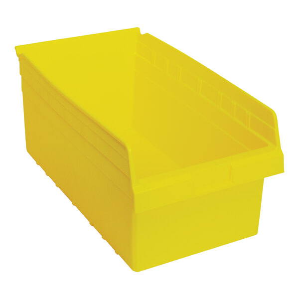 A yellow Quantum STORE-MAX plastic shelf bin.