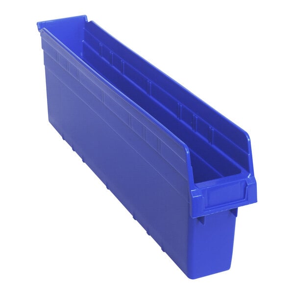 A blue plastic Quantum Shelf Bin with two compartments.