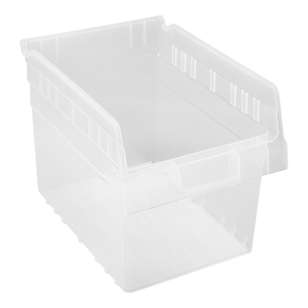 A Quantum clear plastic shelf bin with a clear lid.