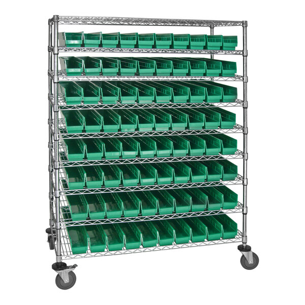 Quantum 48" x 24" x 69" Carbon Steel Mobile Medical Cart with 9 Wire Shelves and (80) 23 5/8" x 4 1/8" x 4" Green Bins WRC9-63-2448-105GN