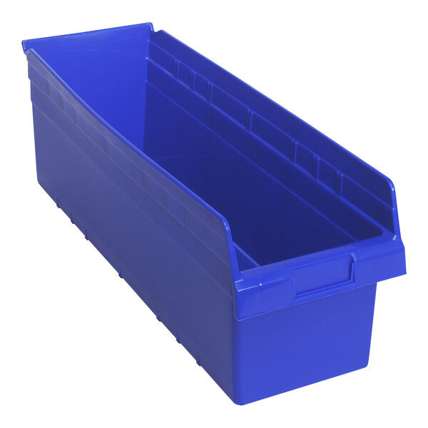A blue Quantum shelf bin.
