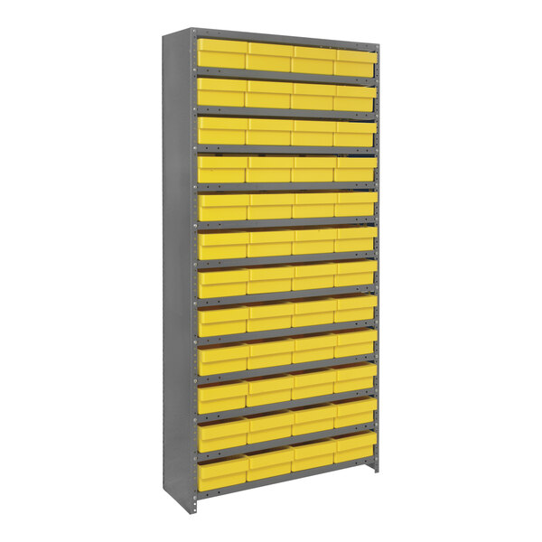 A grey metal Quantum steel shelf with yellow bins on each shelf.