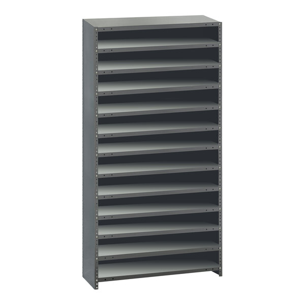 A grey Quantum steel shelving system with 13 shelves.