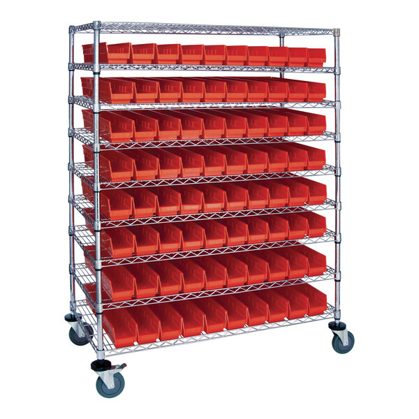 Quantum 48" x 24" x 69" Carbon Steel Mobile Medical Cart with 9 Wire Shelves and (80) 23 5/8" x 4 1/8" x 4" Red Bins WRC9-63-2448-105RD