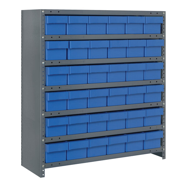 A Quantum steel shelving system with blue bins on a shelf.