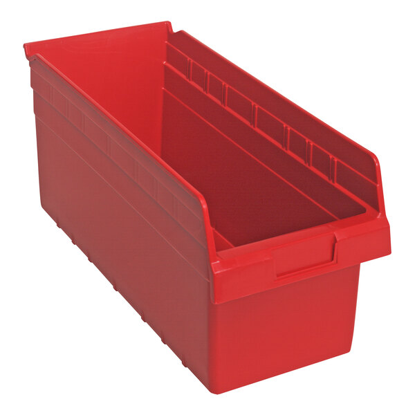 A red Quantum shelf bin with a lid.