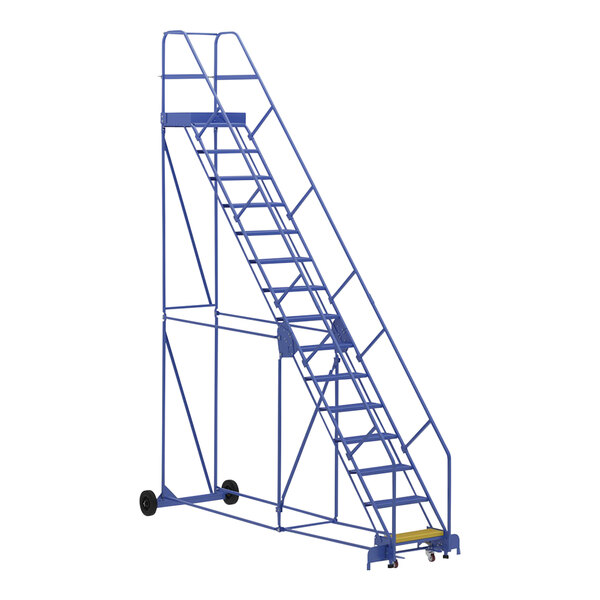 A blue metal Vestil warehouse ladder with wheels.