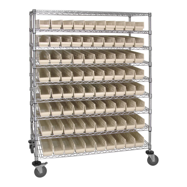 Quantum 48" x 24" x 69" Carbon Steel Mobile Medical Cart with 9 Wire Shelves and (80) 23 5/8" x 4 1/8" x 4" Ivory Bins WRC9-63-2448-105IV