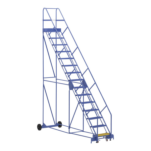 A blue steel Vestil rolling warehouse ladder with a yellow handle.