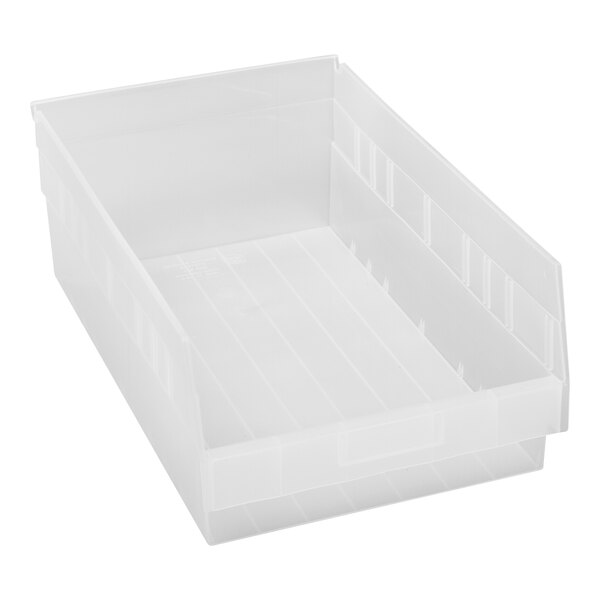 A clear plastic container with a lid, the Quantum STORE-MORE Shelf Bin.
