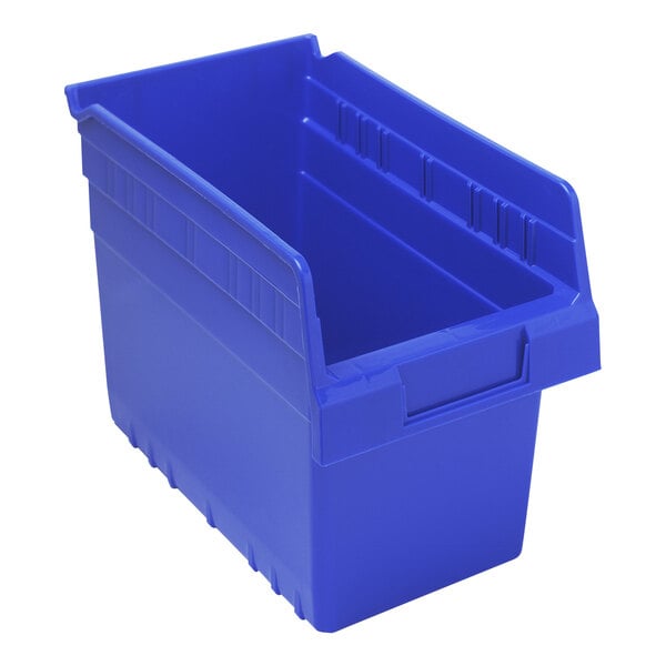 A blue plastic Quantum shelf bin.