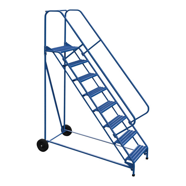 A blue metal Vestil Roll-A-Fold ladder with black wheels.