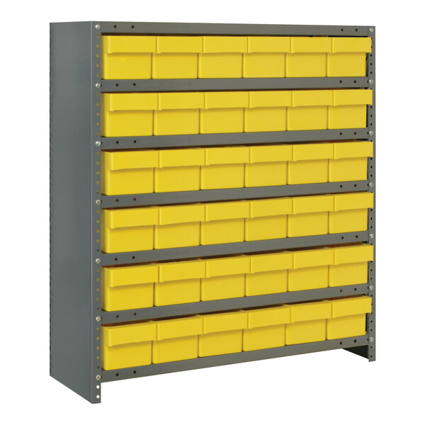 A Quantum steel shelving system with yellow bins on it.