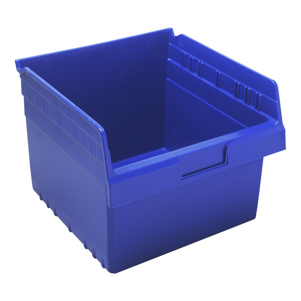 A blue Quantum shelf bin with a lid.