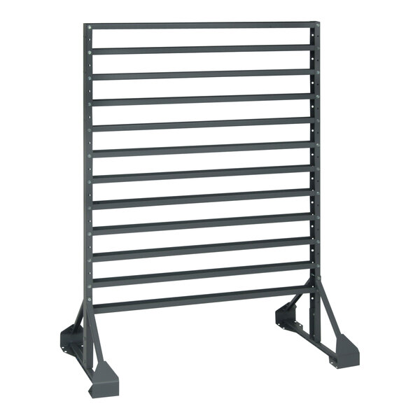 A gray metal Quantum double-sided rack with many metal bars.