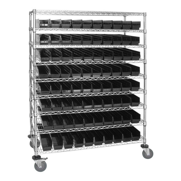 Quantum 48" x 24" x 69" Carbon Steel Mobile Medical Cart with 9 Wire Shelves and (80) 23 5/8" x 4 1/8" x 4" Black Bins WRC9-63-2448-105BK